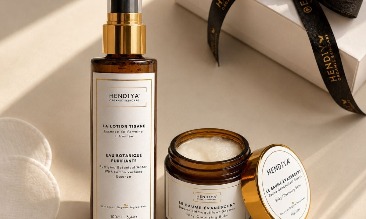 Hendiya® organic double cleansing: Le Baume Évanescent and La Lotion Tisane, cleansing balm and micellar water duo