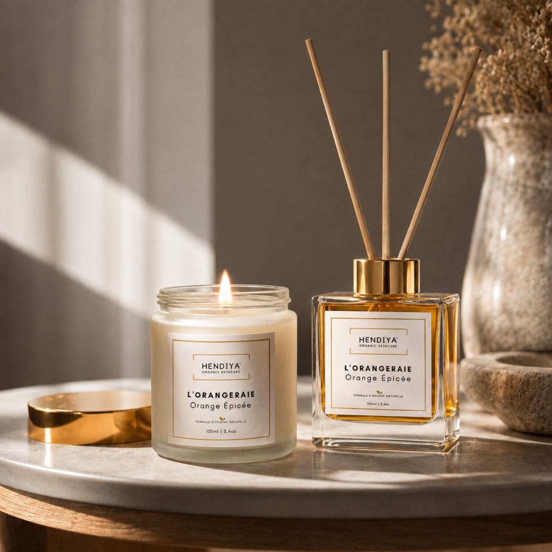Duo Bougie Végétale l'Orangeraie et diffuseur à bâtonnets Parfum d'Ambiance l'Orangeraie Hendiya, en cire de soja végétale, senteur orange épicée aux écorces de cannelier.