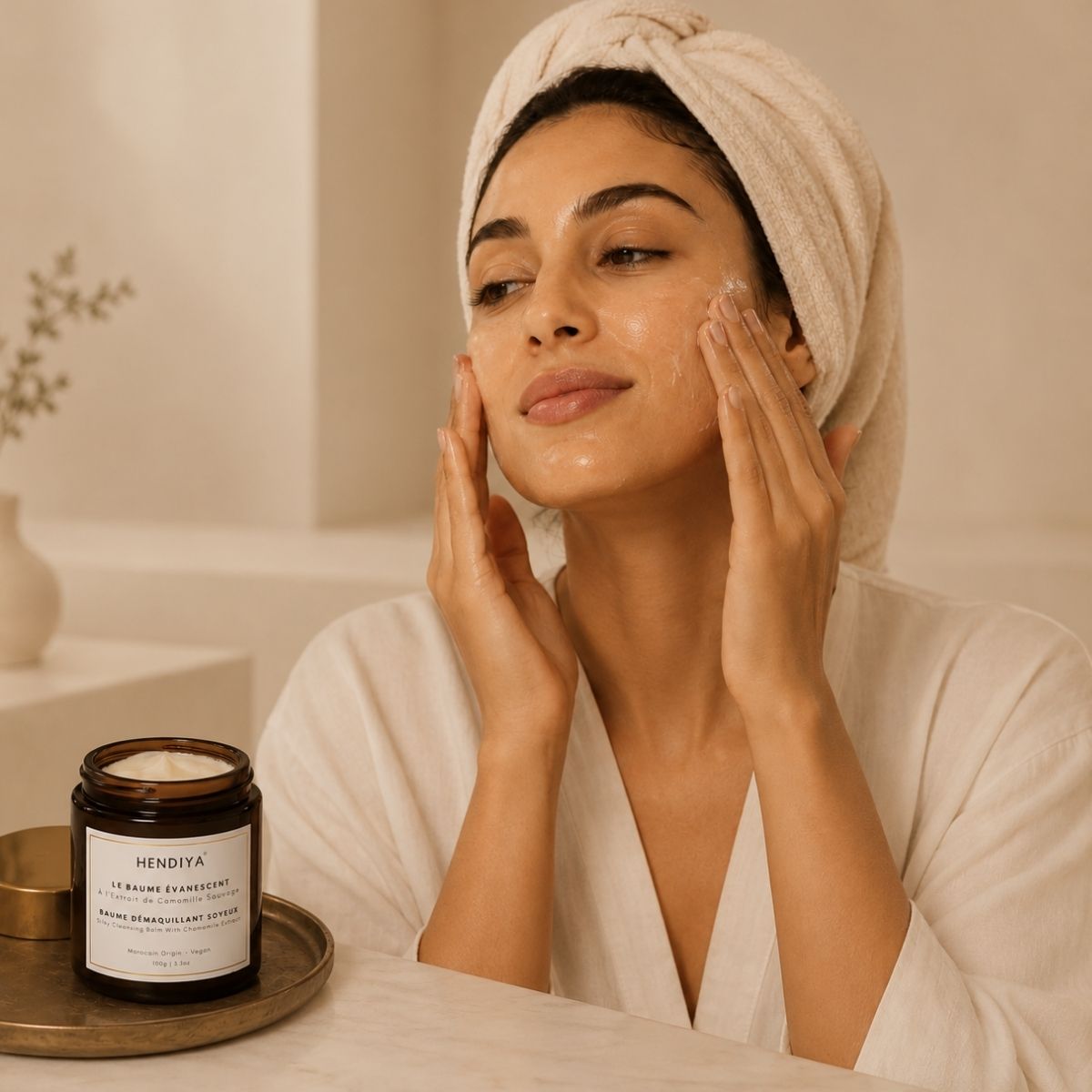Applying Le Baume Évanescent on dry skin, Hendiya® organic