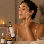 Applying La Lotion Tisane on a cleansing cotton pad, Hendiya® organic