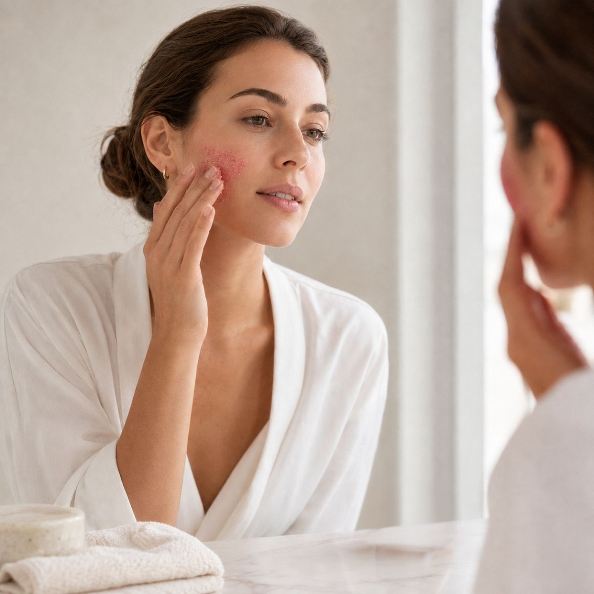 Applying Le Gommage Poudré to the face in circular massage motions