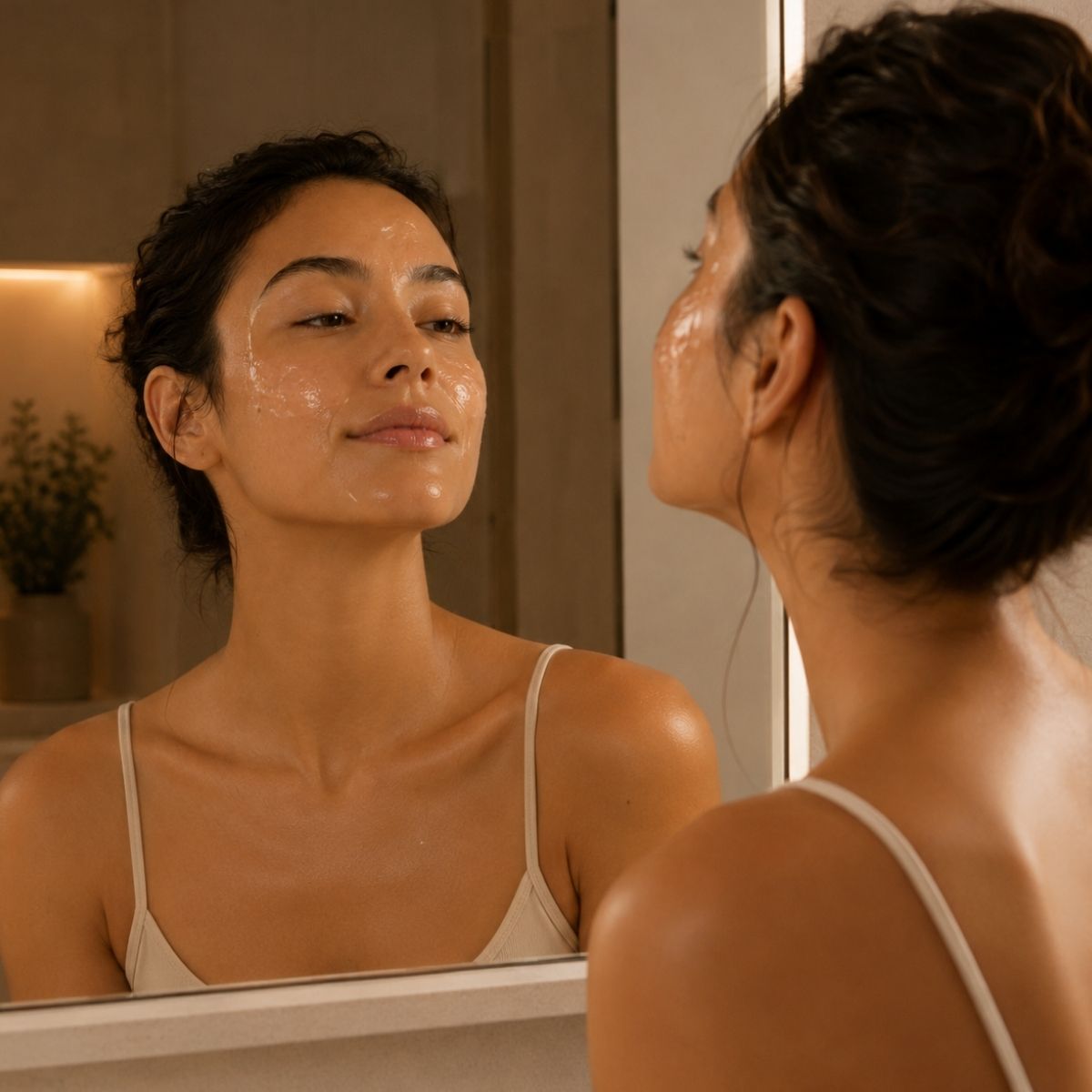 Applying La Gelée Royale night mask to the face, Hendiya® organic plumping treatment