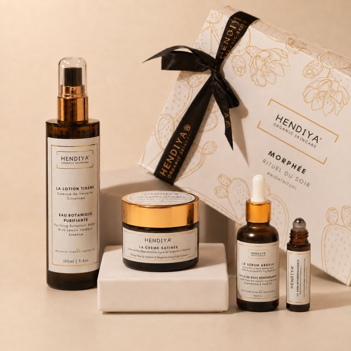 Coffret Morphée – Rituel du Soir Hendiya® bio : La Lotion Tisane, La Crème Satinée, Le Sérum Absolu et Le Soin Régénérescence