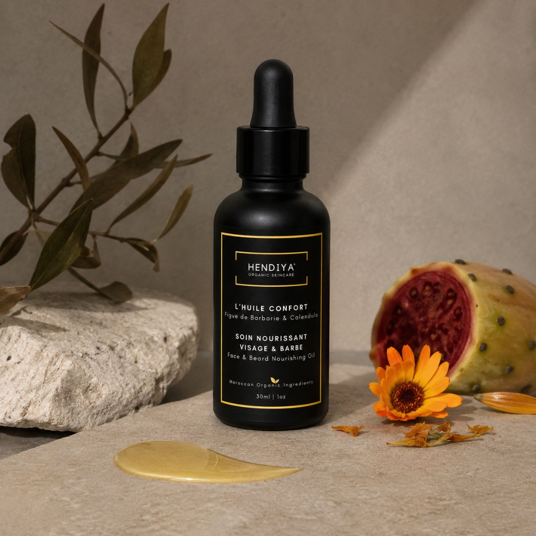 Natural composition of Hendiya L'Huile Confort: prickly pear seed oil, calendula, castor, argan and jojoba oil, ingredients of this face and beard care for men.