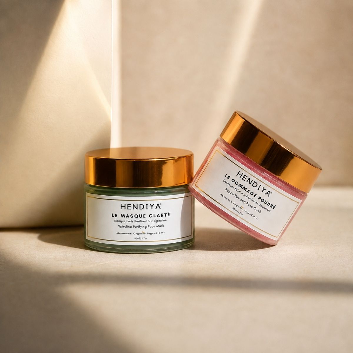 Hendiya duo: Le Gommage Poudré and Le Masque Clarté, weekend ritual