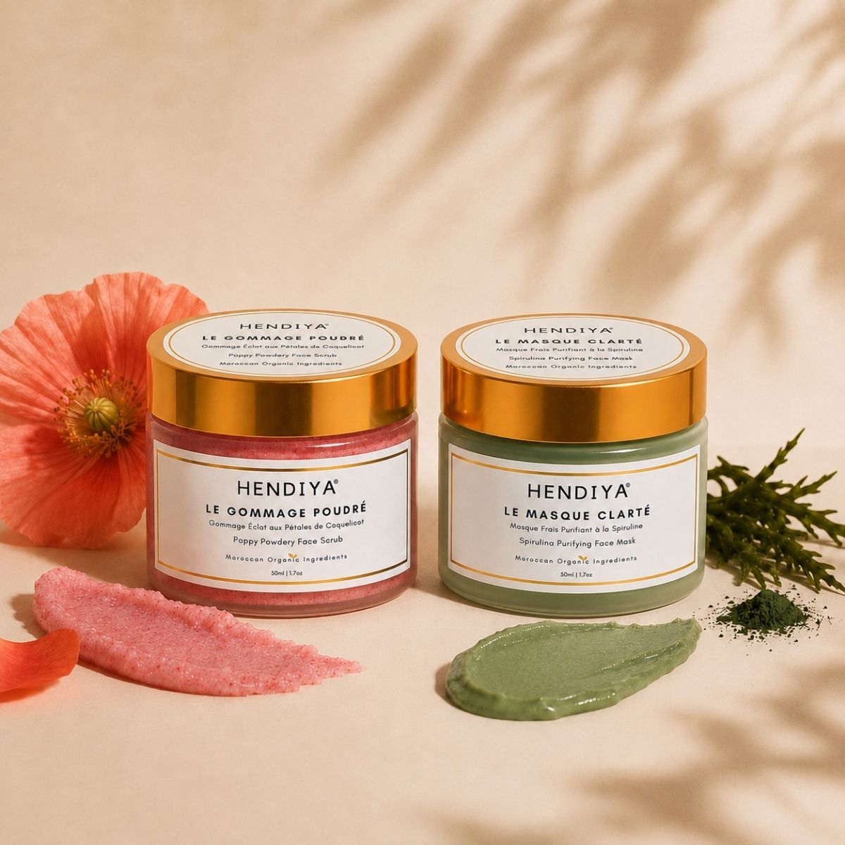 Hendiya duo: Le Gommage Poudré and Le Masque Clarté, weekend ritual