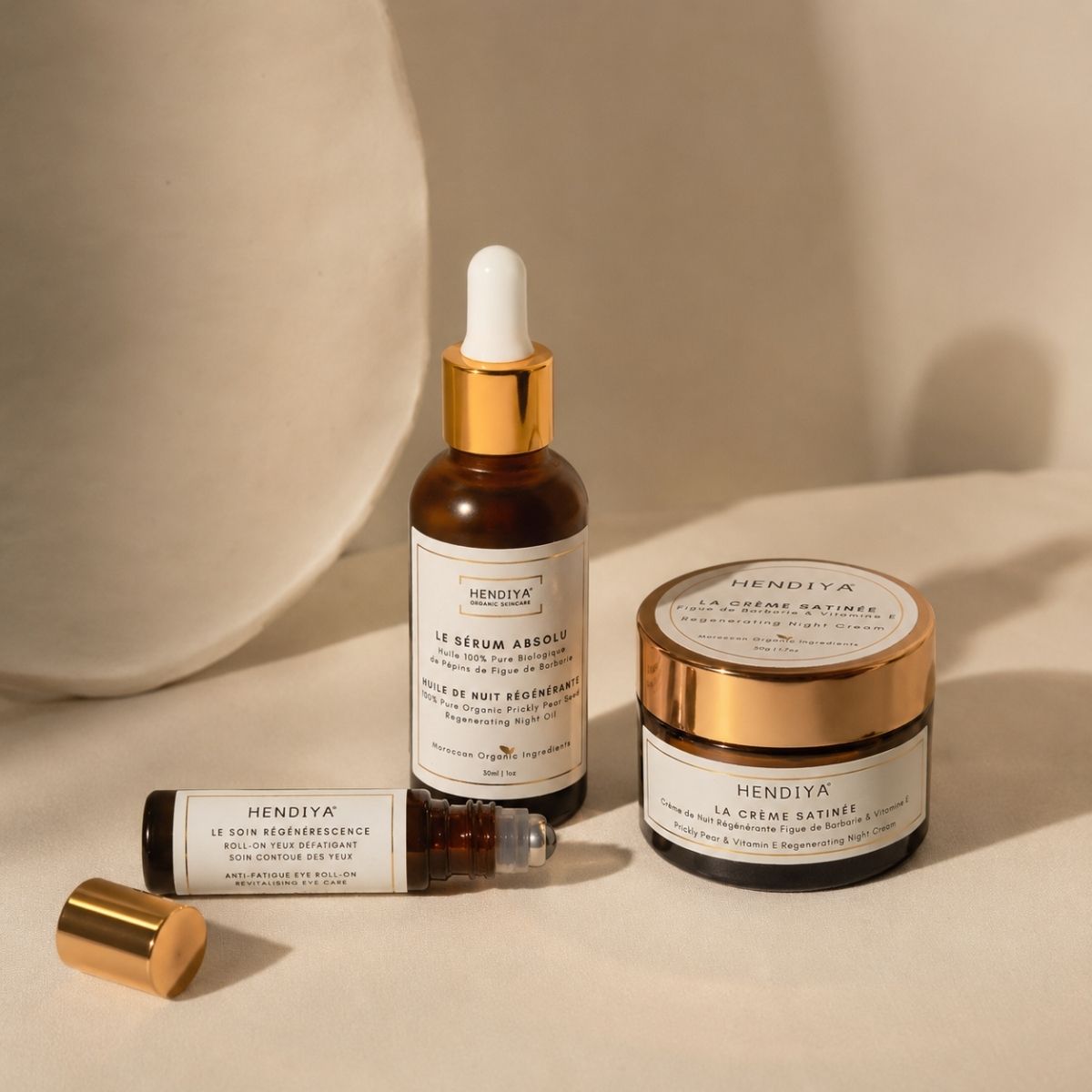 Hendiya® evening ritual: Le Sérum Absolu prickly pear seed oil, La Crème Satinée and Le Soin Régénérescence eye contour care