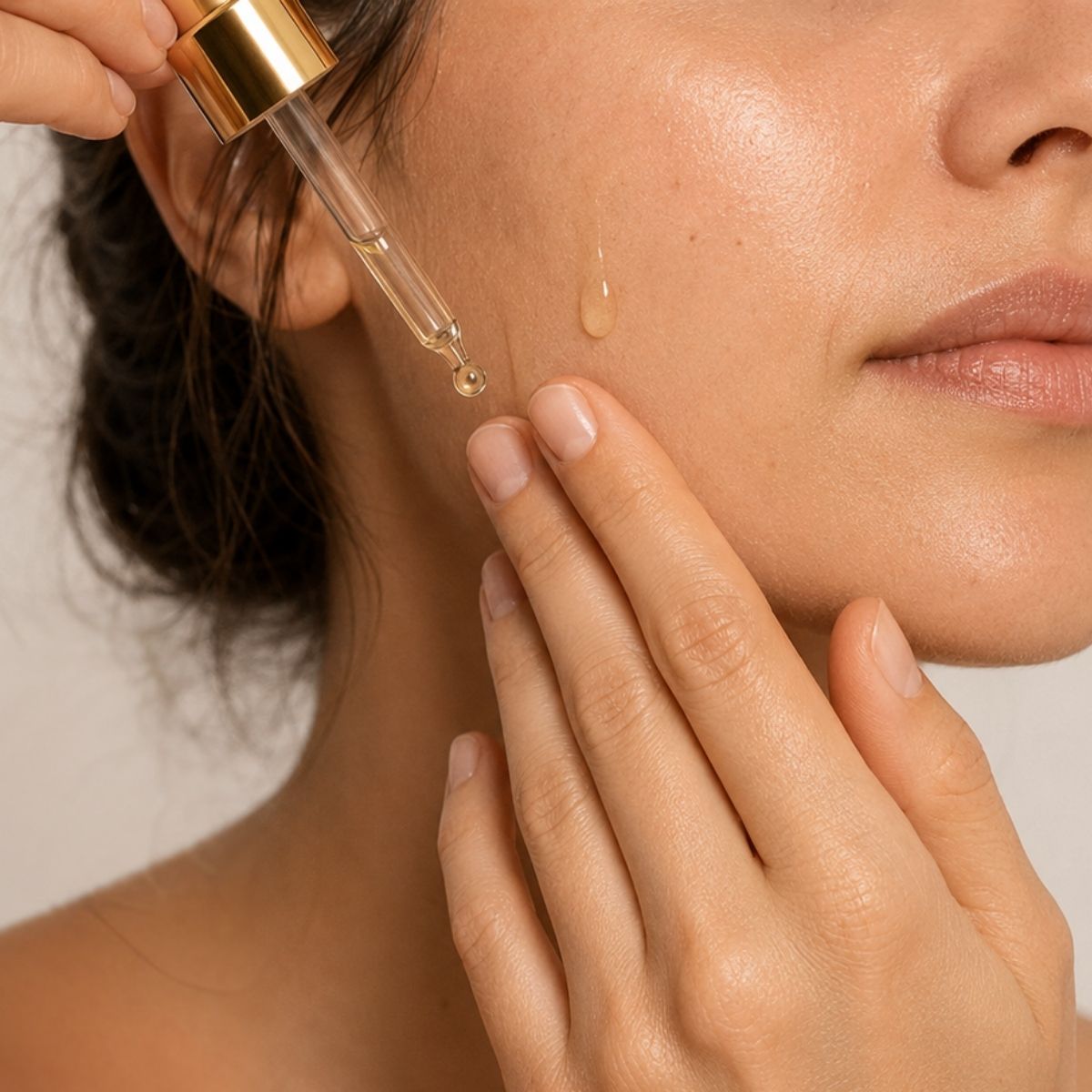Applying a drop of prickly pear seed oil to the cheek with the Hendiya® dropper
