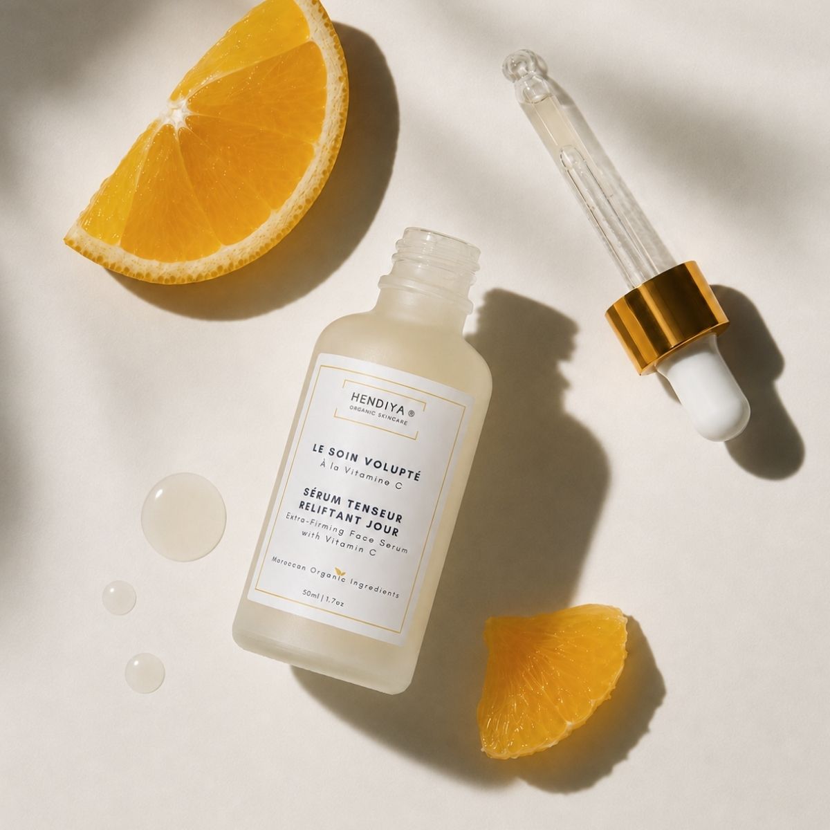 Le Soin Volupté firming tightening vitamin C serum, Hendiya® organic, among fresh citrus